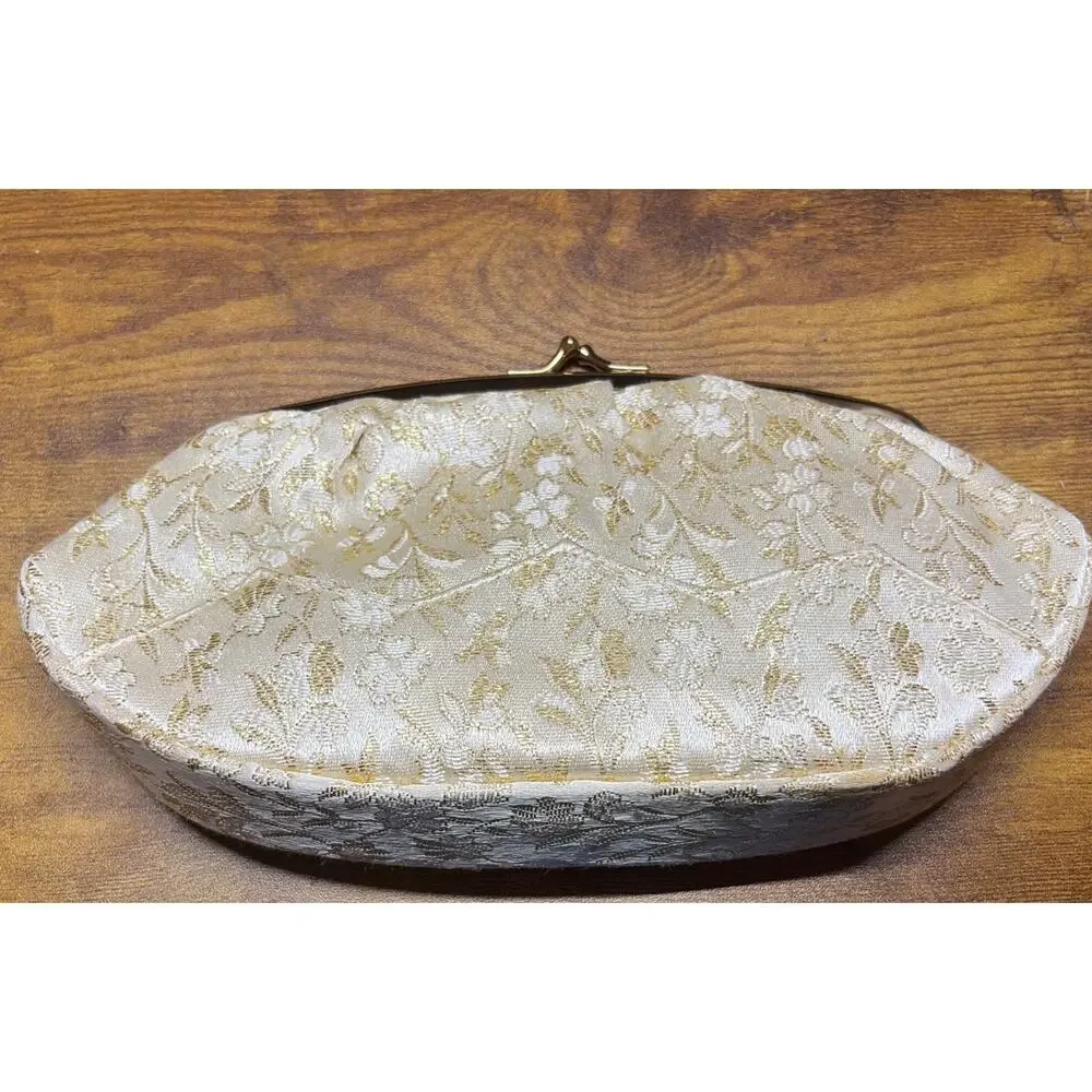 Vintage Gold Floral Brocade Clutch Purse Evening Bag Party Prom Wedding